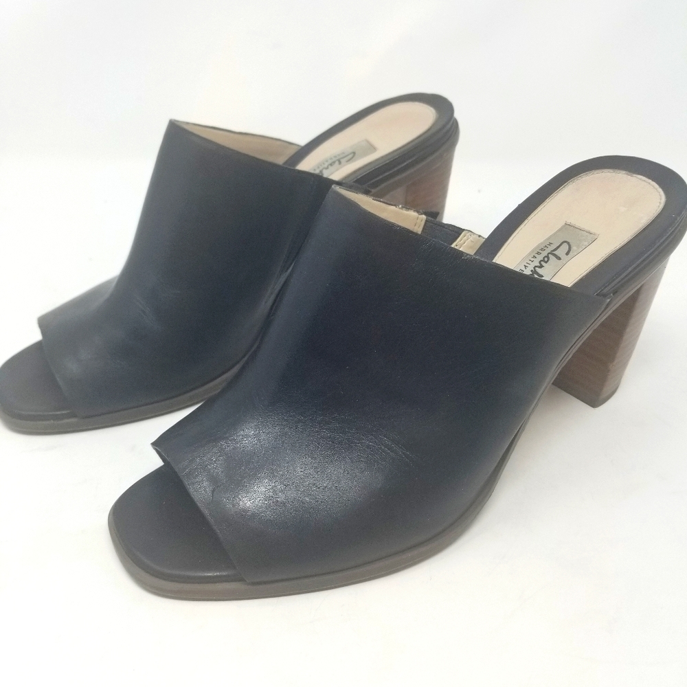 Clarks Narrative Leather Black Mules Size 10